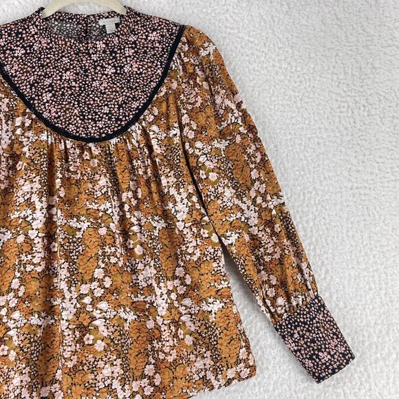 Hinge Brown Floral Mix Print Shirt Womens Prairie Chic High Neck Size XS - Picture 4 of 13